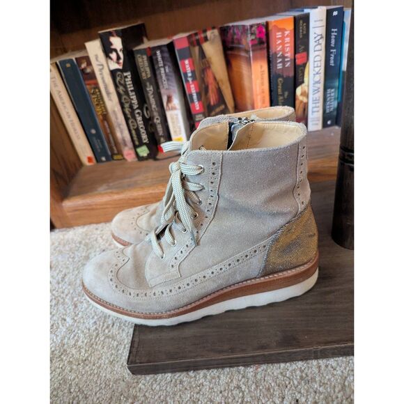 Office of Angela Scott Women's Size 38.5 US 8.5 Gray Wedge Booties Boots Zip Up - Picture 4 of 6